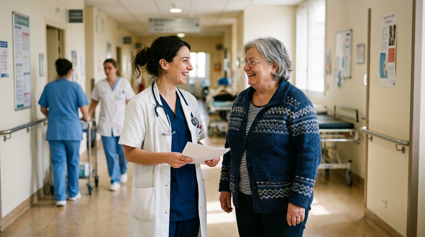 A physician talking with a patient in a hospital corridor