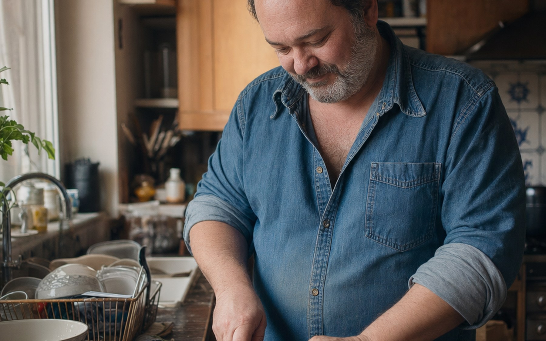 A man preparing a nutrient-dense meal in a sunlit kitchen, illustrating daily guidance during obesity treatment