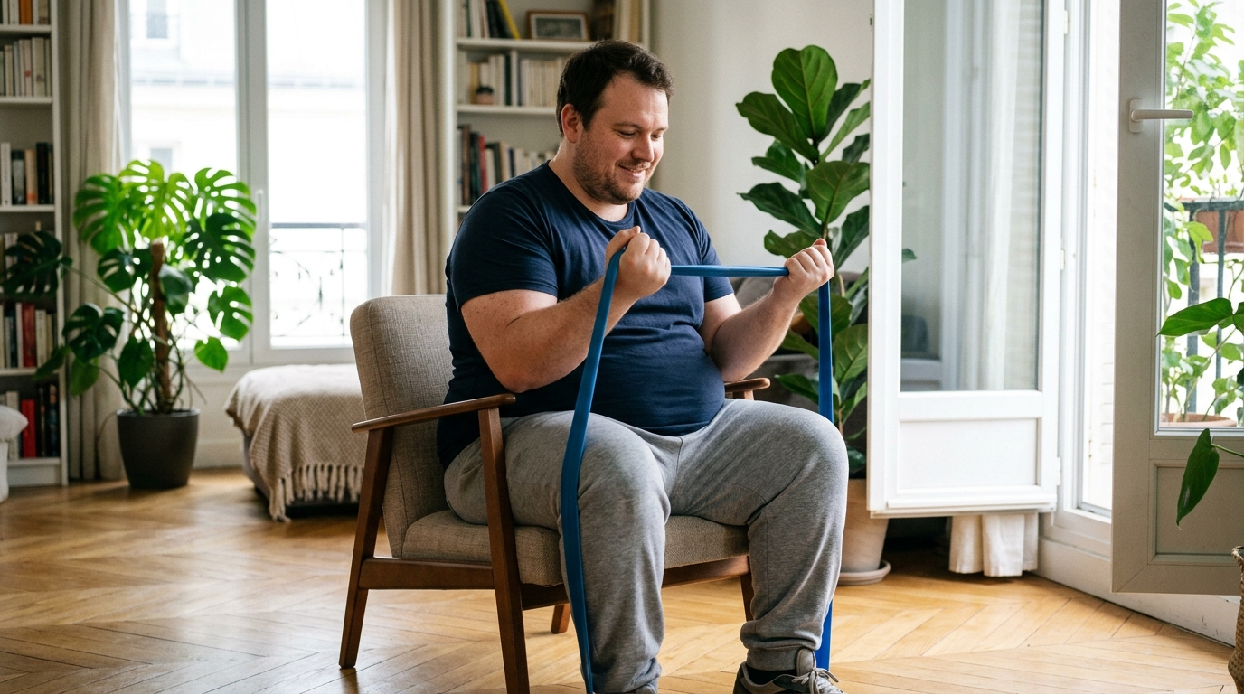 Patient pratiquant l'activité physique adaptée à domicile